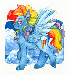 Size: 850x920 | Tagged: safe, artist:nekophoenix, imported from derpibooru, rainbow dash, pegasus, pony, alternate hairstyle, backwards cutie mark, chest fluff, ear piercing, earring, jewelry, leg fluff, piercing, simple background, solo, traditional art, watercolor painting, white background