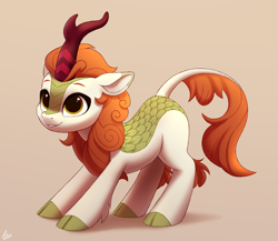 Size: 2300x2000 | Tagged: safe, artist:luminousdazzle, imported from derpibooru, autumn blaze, kirin, pony, awwtumn blaze, cloven hooves, cute, eyebrows, female, grin, high res, looking up, scales, shadow, signature, simple background, smiling, solo, stretching, tan background