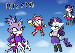 Size: 1684x1191 | Tagged: source needed, safe, artist:xxlpanda, imported from derpibooru, rarity, twilight sparkle, anthro, cat, hedgehog, unicorn, amy rose, blaze the cat, floating, flying, hand on hip, jetpack, sky, sky background, sonic the hedgehog (series), sonicified, unicorn twilight, waving