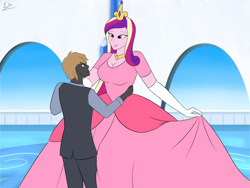 Size: 3600x2700 | Tagged: safe, artist:egstudios93, imported from derpibooru, princess cadance, oc, oc:golden shadow, human, equestria girls, breasts, canon x oc, clothes, dancing, dress, duo, female, gown, impossibly large dress, male, size difference, suit, tall