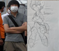 Size: 3222x2792 | Tagged: safe, artist:rony, imported from derpibooru, oc, oc only, oc:yamagami, human, semi-anthro, bag, crossed arms, face mask, glasses, irl, irl human, mask, pencil drawing, photo, shoulder bag, tetsuya yamagami, traditional art