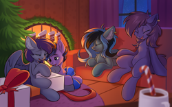 Size: 2983x1862 | Tagged: safe, artist:kittytitikitty, imported from derpibooru, oc, oc only, pegasus, pony, belly, candy, candy cane, christmas, christmas stocking, christmas tree, couch, depth of field, fireplace, food, holiday, pegasus oc, present, tree, window