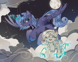 Size: 2500x2000 | Tagged: safe, artist:kefirro7, imported from derpibooru, princess luna, oc, oc:snowdrop, alicorn, pegasus, pony, cheek fluff, chest fluff, cloud, crown, cute, duo, duo female, ear fluff, female, flying, glowing, glowing horn, horn, jewelry, lunabetes, magic, magic aura, moon, night, ocbetes, one eye closed, open mouth, open smile, regalia, s1 luna, smiling, snow, snowbetes, snowflake, spread wings, stars, telekinesis, wings