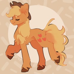 Size: 1080x1080 | Tagged: safe, artist:loaf, imported from derpibooru, applejack, earth pony, pony, abstract background, applejack's hat, chest fluff, concave belly, cowboy hat, cute, eyes closed, female, hat, jackabetes, leg fluff, mare, raised hoof, raised leg, signature, smiling