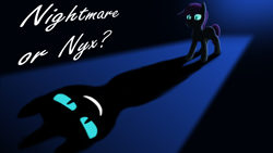 Size: 4000x2250 | Tagged: safe, artist:enteryourponyname, imported from derpibooru, nightmare moon, oc, oc only, oc:nyx, alicorn, pony, fanfic:nightmare or nyx?, fanfic:past sins, black background, fanfic art, female, filly, foal, shadow, simple background, solo, standing, text