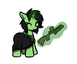 Size: 763x635 | Tagged: safe, artist:neuro, imported from derpibooru, oc, oc only, oc:filly anon, pony, unicorn, clothes, cute, eyes closed, female, filly, foal, glowing, glowing horn, gun stock, horn, levitation, magic, magic aura, magic wand, robes, scope, simple background, smiling, solo, telekinesis, transparent background, unicorn oc