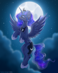 Size: 1500x1900 | Tagged: safe, artist:belkaart0w0, imported from derpibooru, princess luna, alicorn, pony, armor, cloud, crown, cute, flying, hoof shoes, jewelry, lunabetes, moon, night, regalia, signature, solo, stars