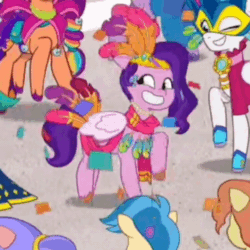 Size: 600x600 | Tagged: safe, imported from derpibooru, screencap, izzy moonbow, pipp petals, sunny starscout, zipp storm, earth pony, pegasus, pony, unicorn, spoiler:g5, spoiler:my little pony: tell your tale, spoiler:tyts01e45, alternate hairstyle, animated, autumn skies, balloon, carnival, celebration, clothes, costume, cropped, female, g5, looking at you, low quality, male, mare, maretime bay, my little pony: tell your tale, open mouth, ponykind parade-emonium, sunny styles, unnamed character, unnamed pony