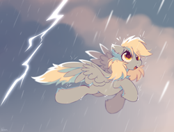 Size: 2100x1600 | Tagged: safe, artist:mirtash, imported from derpibooru, derpy hooves, pegasus, pony, adorable distress, cute, derpabetes, female, flying, lightning, mare, open mouth, rain, solo, storm