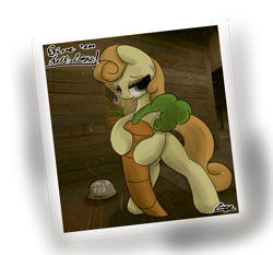 Size: 1551x1445 | Tagged: safe, artist:ricy, imported from derpibooru, carrot top, fluttershy, golden harvest, earth pony, pony, /mlp/ tf2 general, 2fort, bipedal, carrot, food, hat, helmet, herbivore, hoof hold, hooves, postcard, poster, simple background, solo, team fortress 2, text, transparent background