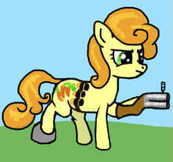 Size: 651x609 | Tagged: safe, imported from derpibooru, carrot top, golden harvest, earth pony, pony, /mlp/ tf2 general, ammunition belt, boots, female, grenade launcher, gun, loch-n-load, mare, shoes, shotgun, solo, weapon