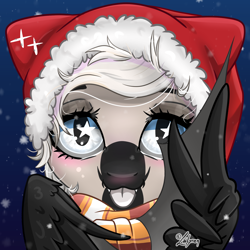 Size: 1748x1748 | Tagged: safe, artist:lailyren, imported from derpibooru, oc, oc only, oc:devilvoice, bat pony, :p, bat pony oc, blushing, bust, christmas, clothes, hat, holiday, looking at you, santa hat, scarf, snow, snowfall, solo, starry eyes, tongue out, wingding eyes