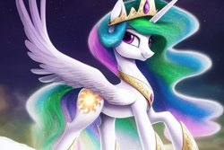 Size: 1920x1280 | Tagged: safe, derpibooru exclusive, editor:dovakkins, imported from derpibooru, princess celestia, alicorn, pony, ai content, ai generated, beautiful, concave belly, crown, cute, ethereal mane, ethereal tail, female, flowing mane, flowing tail, generator:stable diffusion, hoof shoes, jewelry, long mane, long tail, looking at you, looking back, majestic, mare, peytral, princess shoes, raised hoof, regalia, slim, smiling, snow, solo, sparkly mane, sparkly tail, spread wings, tail, thin, wings, winter