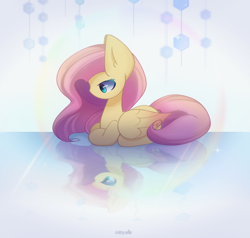 Size: 2000x1900 | Tagged: safe, artist:miryelis, imported from derpibooru, fluttershy, pegasus, pony, big ears, crystal, full body, impossibly large ears, long hair, looking down, mirror, reflection, signature, solo, wings