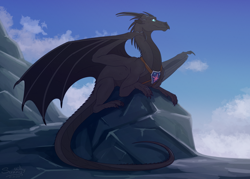 Size: 1600x1143 | Tagged: safe, artist:sunny way, imported from derpibooru, oc, oc only, dragon, black, black dragon, claws, commission, finished commission, guard, horns, male, mountain, princess guard, royal guard, scale, scalie, sky, solo, western dragon, wings