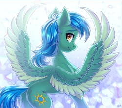 Size: 3000x2636 | Tagged: safe, artist:hakaina, imported from derpibooru, oc, oc only, oc:distant skies, pegasus, pony, abstract background, backlighting, beautiful, blue hair, blue mane, blue tail, butt, chest fluff, colored, colored wings, concave belly, ear fluff, female, green coat, high res, hooves, leg fluff, lighting, looking at you, looking back, looking back at you, mare, pegasus oc, plot, raised hoof, shading, side view, signature, slim, smiling, smiling at you, solo, spine, spread wings, standing, tail, thin, two toned wings, underhoof, unshorn fetlocks, wings, yellow eyes