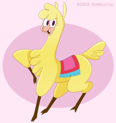 Size: 1240x1317 | Tagged: safe, artist:shirojyuu, imported from derpibooru, alpaca, them's fightin' herds, 2020, cloven hooves, community related, female, looking at you, neckerchief, no pupils, open mouth, open smile, paprika (tfh), pink background, simple background, smiling, smiling at you, solo