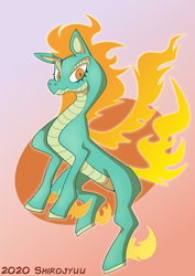 Size: 1240x1754 | Tagged: safe, artist:shirojyuu, imported from derpibooru, dragon, hybrid, longma, them's fightin' herds, 2020, community related, female, fire, gradient background, looking at you, solo, tianhuo (tfh)
