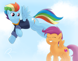 Size: 1380x1080 | Tagged: safe, artist:reinbou, imported from derpibooru, rainbow dash, scootaloo, pegasus, pony, season 9, the last problem, spoiler:s09, dream, duo, duo female, female, flying, older, older rainbow dash, older scootaloo, sky, smiling