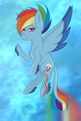 Size: 3600x5400 | Tagged: safe, artist:thecommandermiky, imported from derpibooru, rainbow dash, pegasus, pony, cloud, cloudy, colored wings, derp, feathered fetlocks, female, flying, long tail, looking at you, mare, multicolored wings, redesign, signature, sky, sky background, solo, spread wings, tail, wings