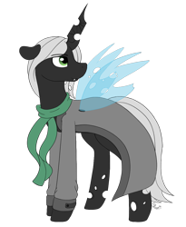 Size: 900x1100 | Tagged: safe, artist:spirit-dude, imported from derpibooru, oc, oc only, oc:king ao, changeling, clothes, coat, fangs, profile, scarf, simple background, solo, transparent background