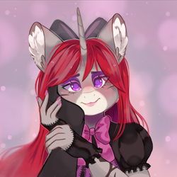 Size: 4000x4000 | Tagged: safe, imported from derpibooru, oc, oc only, oc:selune darkeye, anthro, pony, unicorn, body markings, bow, clothes, coat markings, cute, ear fluff, facial markings, female oc, gloves, goth, hair bow, hand on cheek, happy, horn, hug, in love, looking at you, markings, redhead, smiling, smiling at you, snip (coat marking), unicorn oc, wholesome