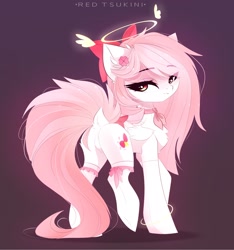 Size: 2581x2759 | Tagged: safe, artist:red_tsukini, imported from derpibooru, oc, oc only, oc:bubble cloud, pegasus, pony, bow, butt, chest fluff, clothes, dock, featureless crotch, hair bow, halo, high res, long tail, looking at you, looking back, looking back at you, plot, raised leg, raised tail, rear view, signature, solo, stockings, tail, tail bow, thigh highs