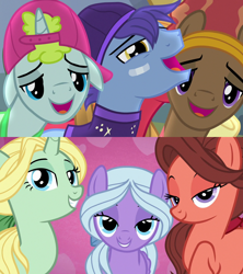 Size: 1280x1440 | Tagged: safe, imported from derpibooru, screencap, dear darling, fond feather, glamor trot, smooth vibes, stereo mix, swoon song, earth pony, pegasus, pony, unicorn, hard to say anything, season 7, background pony, backup dancers, bandaid, bimbettes, bow, cap, crack shipping, deartrot, female, hair bow, happy, hat, headband, lidded eyes, looking at you, male, mare, ponytail, raised hoof, shipping, shipping domino, smiling, smoothfeather, stallion, stereosong, straight, trio, trio female, trio male