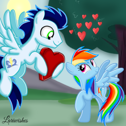 Size: 1400x1400 | Tagged: safe, artist:mlplary6, imported from derpibooru, rainbow dash, soarin', pegasus, pony, female, flying, heart, hearts and hooves day, looking at each other, looking at someone, love, male, mare, shipping, smiling, smiling at each other, soarindash, stallion, straight, sun, tree