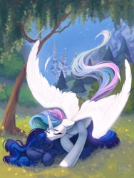 Size: 900x1200 | Tagged: safe, artist:amishy, imported from derpibooru, princess celestia, princess luna, alicorn, pony, canterlot, canterlot castle, duo, grass, lying down, prone, royal sisters, sibling love, siblings, sisters, spread wings, tree, wings