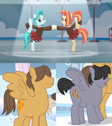 Size: 1280x1440 | Tagged: safe, edit, edited screencap, imported from derpibooru, screencap, hoops, lighthoof, quarterback, shimmy shake, earth pony, pegasus, pony, 2 4 6 greaaat, sonic rainboom (episode), cheerleader, cheerleader outfit, cheerleading, clothes, crack shipping, cropped, dancing, female, lighthoops, male, score, shimmyback, shipping, shipping domino, straight