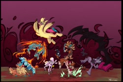 Size: 2048x1365 | Tagged: safe, artist:shkika, imported from derpibooru, fhtng th§ ¿nsp§kbl, shanty (tfh), alpaca, cow, deer, dog, dragon, goat, hybrid, lamb, longma, reindeer, sheep, them's fightin' herds, arizona (tfh), biting, book, community related, fight, fightin' seven, fightin' six, fire, ice, oleander (tfh), paprika (tfh), pom (tfh), puppy, tail, tail bite, tianhuo (tfh), unicornomicon, velvet (tfh)