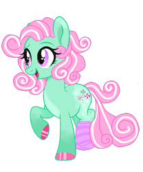 Size: 1224x1472 | Tagged: safe, artist:vernorexia, imported from derpibooru, minty, earth pony, pony, alternate cutie mark, alternate hairstyle, base used, body markings, clothes, colored hooves, curly hair, cute, freckles, g3, g3 to g4, g4, generation leap, gradient legs, happy, mintabetes, pink mane, redesign, short hair, short mane, simple background, snow, snowflake, socks, solo, transparent background, wingding eyes