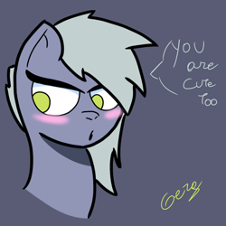 Size: 1378x1378 | Tagged: safe, artist:realgero, imported from derpibooru, limestone pie, earth pony, pony, blushing, bust, dialogue, simple background, solo, talking to viewer