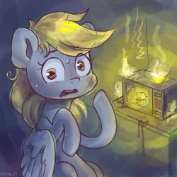 Size: 1200x1200 | Tagged: safe, artist:krista-21, imported from derpibooru, derpy hooves, pegasus, pony, burning, female, fire, food, i just don't know what went wrong, looking at you, mare, microwave, muffin, open mouth, solo, sweat, worried