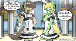 Size: 3840x2093 | Tagged: safe, artist:protoshadez, imported from derpibooru, oc, anthro, earth pony, unicorn, agatan, anime, anthro oc, clothes, comic, crossdressing, cute, earth pony oc, femboy, horn, maid, male, manga, protoshadez, shadez, unicorn oc