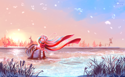 Size: 3980x2459 | Tagged: safe, artist:teaflower300, imported from derpibooru, oc, oc only, pony, unicorn, clothes, forest, scarf, snow, snowfall, solo, sun, unshorn fetlocks, winter