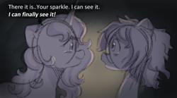 Size: 1242x690 | Tagged: safe, anonymous artist, imported from derpibooru, izzy moonbow, sunny starscout, earth pony, pony, unicorn, series:anorexic sunny, anorexia, crying, dialogue, duo, female, g5, looking at each other, looking at someone, mare, skinny, tears of joy, thin