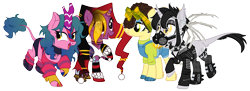 Size: 6551x2379 | Tagged: safe, artist:idkhesoff, artist:kellysweet1, imported from derpibooru, oc, oc only, oc:candy fae, oc:grimm fable, oc:sol shines, alicorn, bat pony, bat pony alicorn, kirin, pegasus, pony, derpibooru community collaboration, 2023 community collab, alicorn oc, arcane, bandana, bat pony oc, bat wings, boots, brazil, chess piece, choker, clothes, corset, dc comics, deaf, ear piercing, earring, eyebrow piercing, eyelashes, eyeshadow, fangs, female, fingerless gloves, fusion, gas mask, gloves, grim reaper, harley quinn, hat, headband, hearing aid, high res, horn, horn ring, jacket, jester hat, jewelry, jinx (league of legends), kirin oc, league of legends, leather, leather jacket, lip piercing, makeup, mare, mask, nation ponies, necklace, nose piercing, nose ring, open mouth, overalls, pants, piercing, ponified, ponysona, raised hoof, raised leg, ring, ripped pants, shirt, shoes, shorts, simple background, socks, solo, spiked choker, spikes, stockings, striped socks, sweater, t-shirt, tattoo, thigh highs, tongue piercing, torn clothes, transparent background, unshorn fetlocks, wall of tags, wing piercing, wings