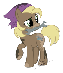 Size: 5000x5791 | Tagged: safe, artist:kaitykat117, imported from derpibooru, oc, oc only, oc:lug nut, oc:lug nut(kaitykat), earth pony, bandana, base used, blonde, blonde hair, body markings, dirty, freckles, green eyes, holding, mechanic, oil, raised hoof, simple background, solo, transparent background, vector, wrench