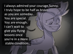 Size: 954x716 | Tagged: safe, anonymous artist, imported from derpibooru, zipp storm, pegasus, pony, series:anorexic sunny, anorexia, crying, dialogue, female, folded wings, g5, hoof on chest, implied sunny starscout, limited palette, mare, sketch, slim, solo, speech bubble, talking, tears of joy, teary eyes, thin, wings