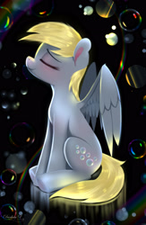 Size: 1665x2556 | Tagged: safe, artist:darksly, imported from derpibooru, derpy hooves, pegasus, pony, blushing, bubble, cute, derpabetes, eyes closed, female, mare, partially open wings, sitting, solo, wings