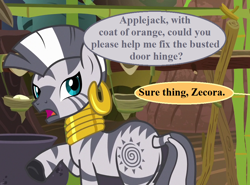 Size: 972x720 | Tagged: safe, edit, edited screencap, imported from derpibooru, screencap, zecora, it isn't the mane thing about you, butt, cauldron, cropped, dialogue, ear piercing, earring, implied applejack, jewelry, necklace, offscreen character, piercing, plot, speech bubble, zecora's hut