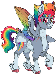 Size: 823x1077 | Tagged: safe, artist:possumtots, imported from derpibooru, rainbow dash, pegasus, pony, alternate design, coat markings, colored ears, colored hooves, colored wings, feathered ears, feathered fetlocks, female, freckles, heterochromia, mare, multicolored wings, older, older rainbow dash, pale belly, rainbow eyebrows, rainbow wings, raised hoof, redesign, scar, simple background, solo, tail, tail feathers, transparent background, twitterina design, wings