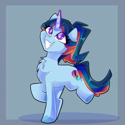 Size: 2048x2048 | Tagged: safe, artist:plushtrapez, imported from derpibooru, oc, oc only, pony, unicorn, glowing, glowing horn, grin, high res, horn, magic, raised hoof, raised leg, smiling, solo, white pupils