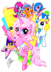 Size: 827x1169 | Tagged: safe, artist:marco albiero, imported from derpibooru, earth pony, pegasus, pony, aja leith, female, guitar, hoof hold, jem, jem and the holograms, jerrica benton, keytar, kimber benton, male, microphone, musical instrument, ponified, rio pacheco, shana elmsford, simple background, sunglasses, white background