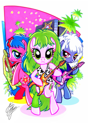 Size: 827x1169 | Tagged: safe, artist:marco albiero, imported from derpibooru, earth pony, pony, bipedal, female, guitar, jem and the holograms, musical instrument, pizzazz, ponified, roxy (jem and the holograms), simple background, stormer, the misfits, trio, white background