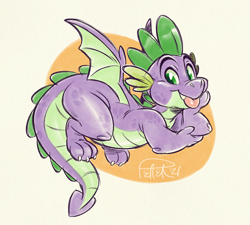 Size: 2006x1802 | Tagged: safe, artist:drpepsi, imported from derpibooru, spike, dragon, cute, hand on chin, male, signature, simple background, smiling, solo, spikabetes, tongue out, winged spike, wings