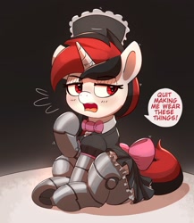 Size: 2014x2319 | Tagged: safe, artist:pabbley, imported from derpibooru, oc, oc only, oc:blackjack, cyborg, cyborg pony, pony, unicorn, fallout equestria, fallout equestria: project horizons, amputee, clothes, cute, cybernetic legs, fanfic art, female, maid, maid headdress, mare, prosthetic leg, prosthetic limb, prosthetics, simple background, solo