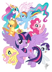 Size: 827x1142 | Tagged: safe, alternate version, artist:marco albiero, imported from derpibooru, applejack, fluttershy, pinkie pie, princess celestia, rainbow dash, rarity, twilight sparkle, alicorn, earth pony, pegasus, pony, unicorn, big crown thingy, element of magic, horn, jewelry, mane six, raised hoof, regalia, simple background, spread wings, turned head, twilight sparkle (alicorn), white background, wings